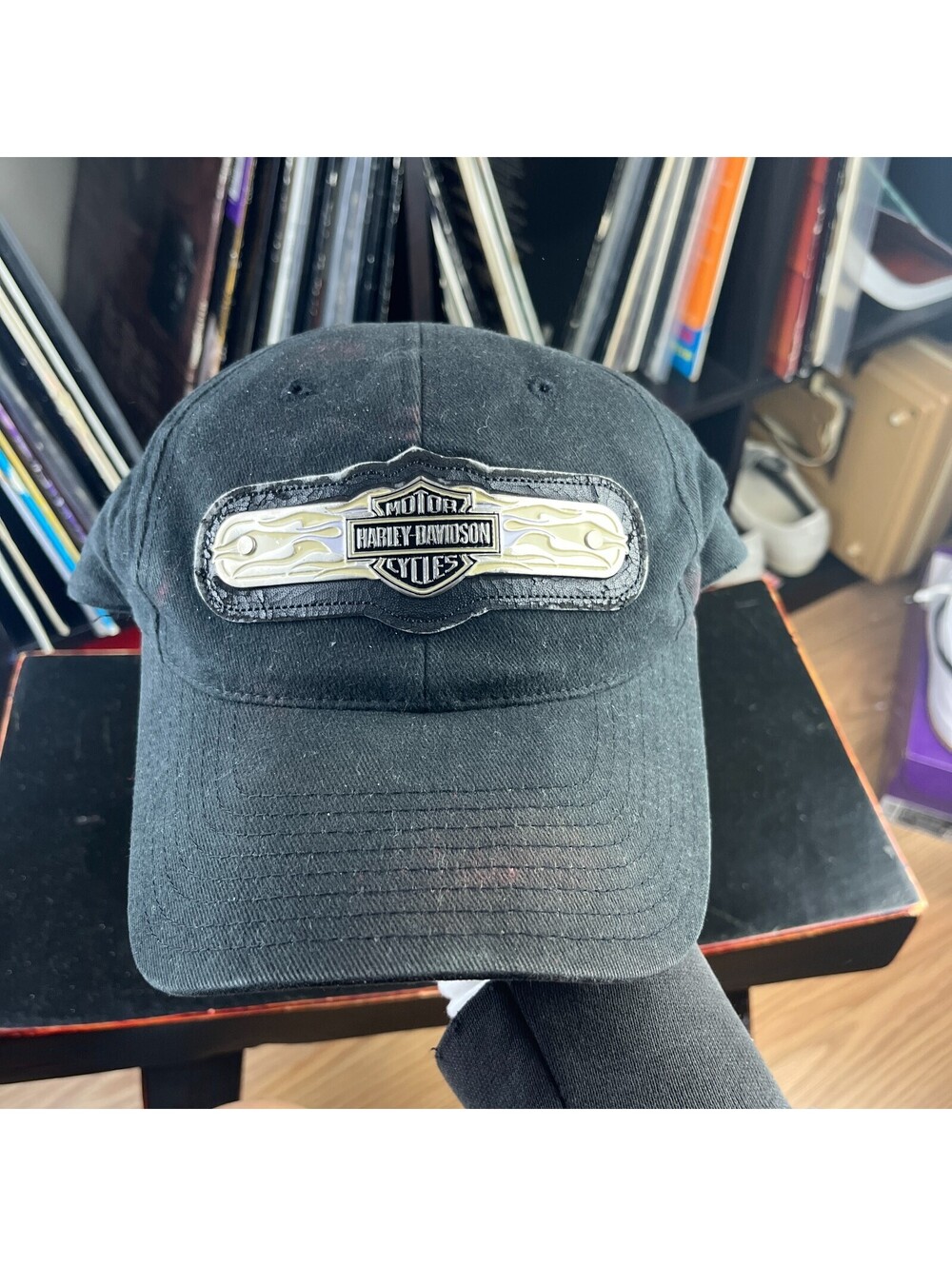 Vintage Harley‑Davidson Metal Flame Patch Black Baseball Cap